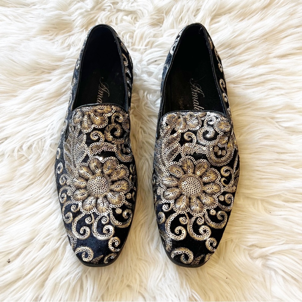 Amali Black Gold & Silver Sequin Fabian Slip On Smoking Slippers Men’s Size 10